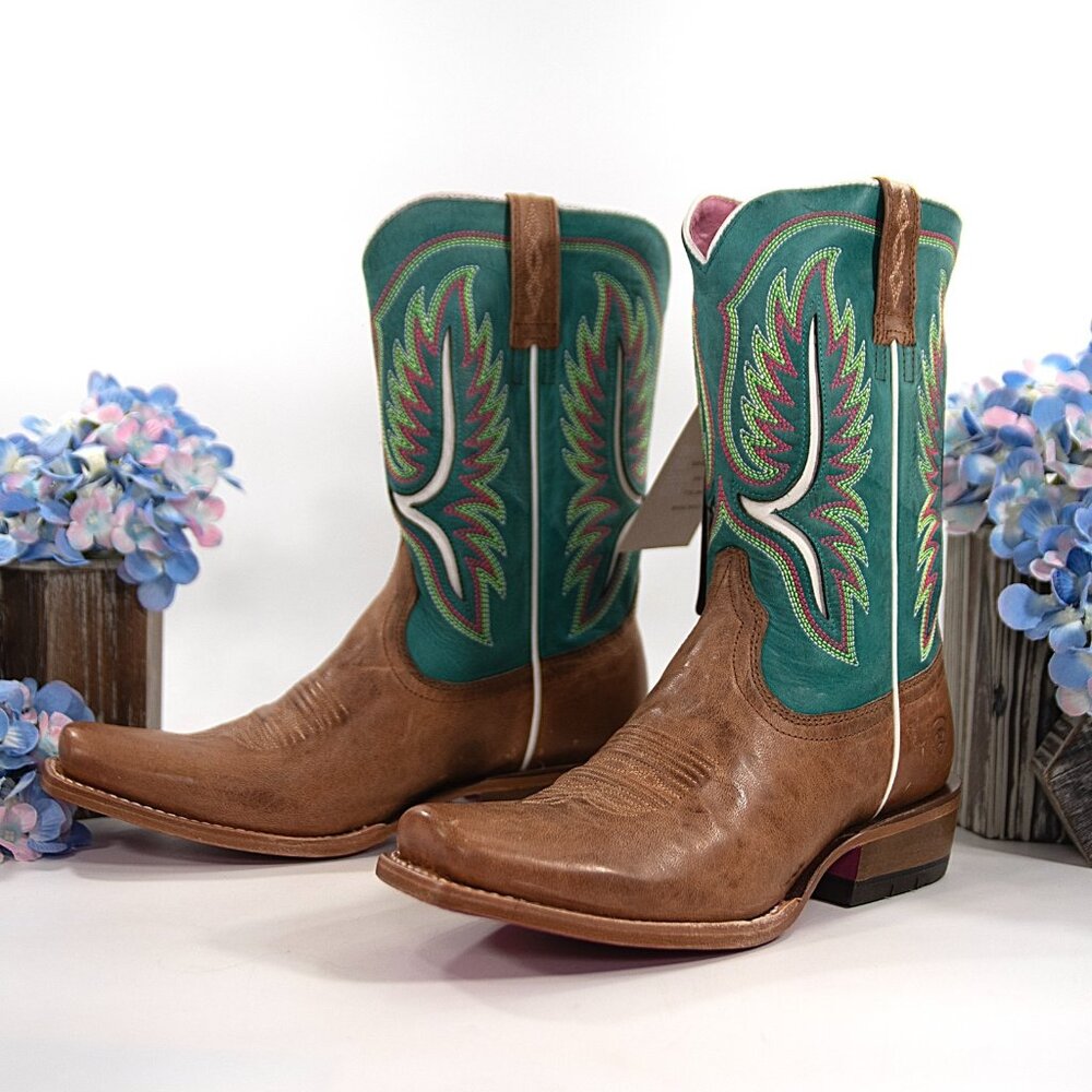 Ariat Futurity Colt Embroidered Cenote Blue Tan Leather Western Cowboy Boots 8